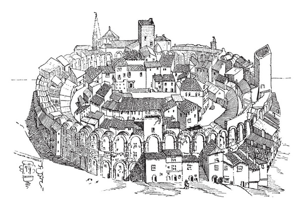 Anfiteatro en Arles construido en la Edad Media, utilizado para describir escenarios de estilo teatral, asientos del espectador en un solo lado, teatros en la ronda, dibujo de línea vintage o ilustración de grabado
. - Vector, Imagen