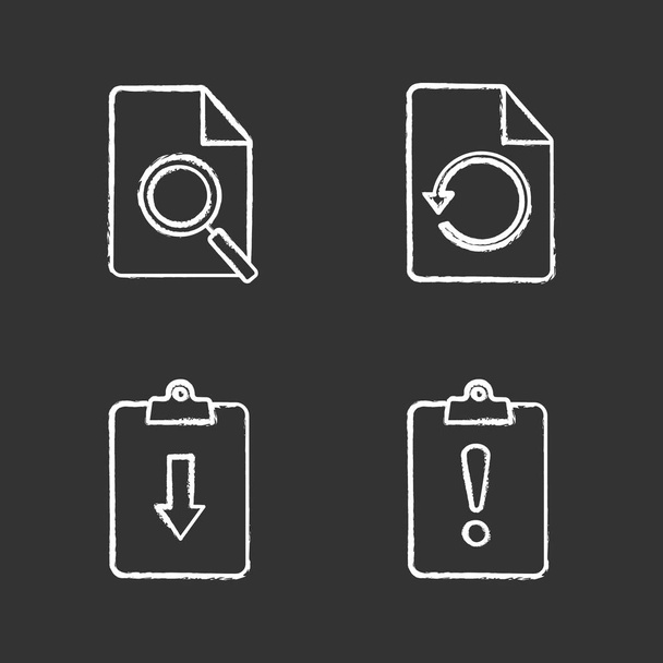 UI/UX chalk icons set. Find in file, restore page, assignments returned and late. Isolated vector chalkboard illustrations - Wektor, obraz