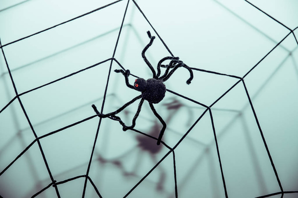 Símbolos de Halloween Web and Black Spiders.Toned image.pretty scary scartening spider web for halloween party.Halloween decoration with big spider sitting on web.Festive greeting card, poster, banner
 - Foto, imagen
