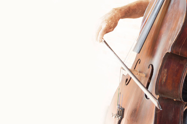Part of the double bass with bow and hand musician on Belon background. - Photo, Image