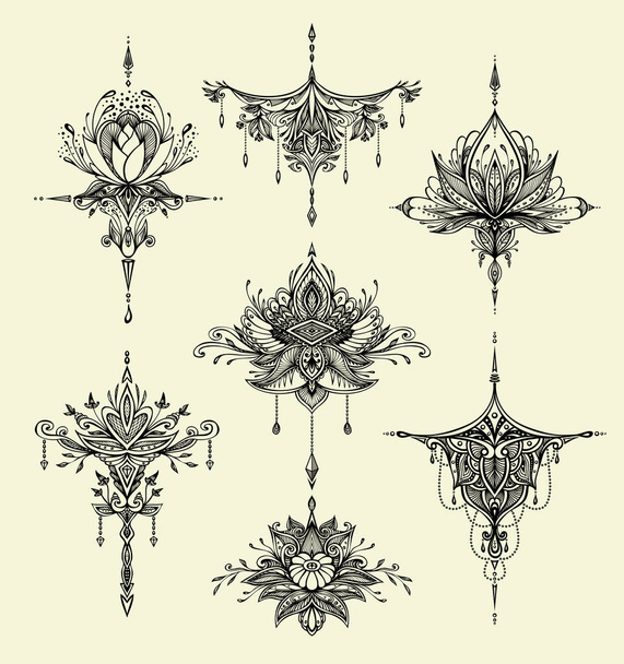 Set de Símbolos Decorativos en Zen enredo Zen doodle Boho East Indian estilo árabe asiático negro sobre blanco para tatuaje o decoración diferentes cosas
 - Vector, Imagen