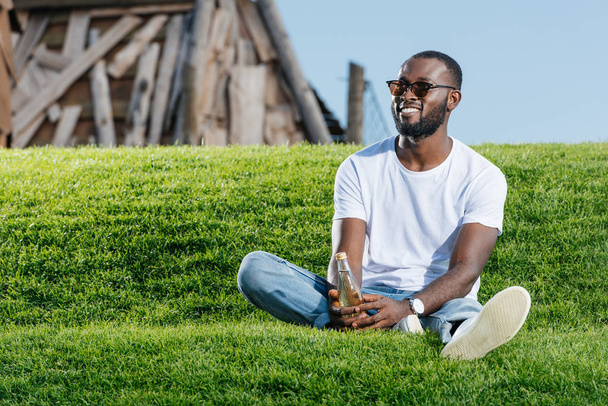 sonriente guapo afroamericano hombre en gafas de sol sentado con soda en botella de vidrio en verde colina
 - Foto, imagen
