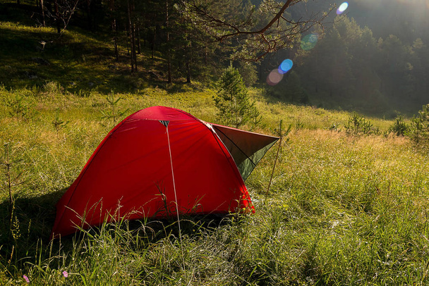 Red tent in the mountains of Altai, Russia. A sunny morning in a hike with a tent in a mountainous area - Foto, immagini