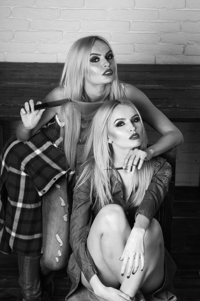hair, beautiful two blonde sexy girls - Foto, Imagem