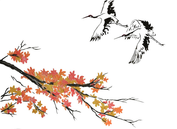 A Vízfestékek Térkép két szép sziluettek a daruk repül az égen, a háttérben a levelek a fa egy ágát. Illusztráció kivégezték a hagyományos kínai stílusú, elszigetelt fehér background. - Fotó, kép