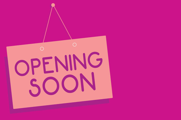 Text sign showing Opening Soon. Conceptual photo Going to be available or accessible in public anytime shortly Pink board wall message communication open close sign purple background. - Photo, Image