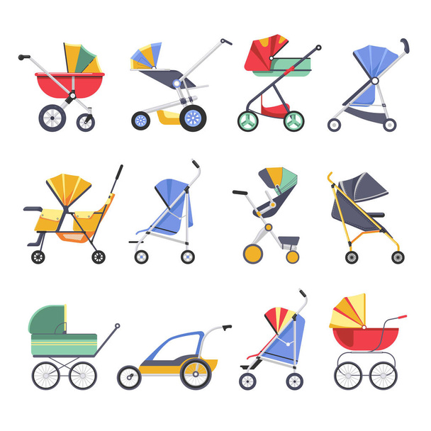 Stroller or baby pram different model types vector icons of newborn buggy with hood - Vektor, obrázek