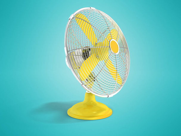 Сучасний жовтий металевий вентилятор для охолодження офісу з видом спереду 3d візуалізація на синьому фоні з тіні
 - Фото, зображення