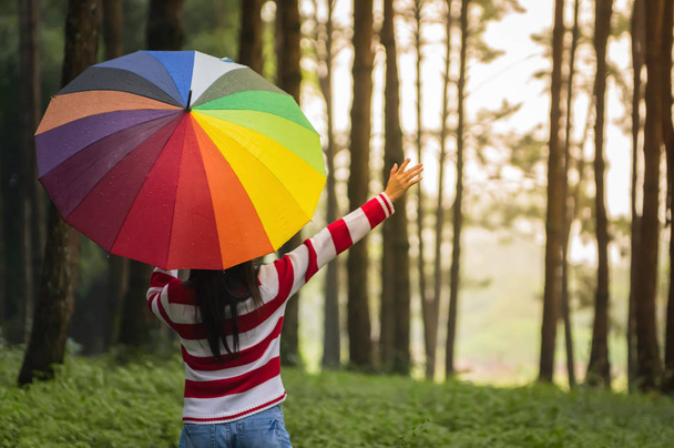 Жінка тримає барвисті парасольки під дощем падають в парку
. - Фото, зображення