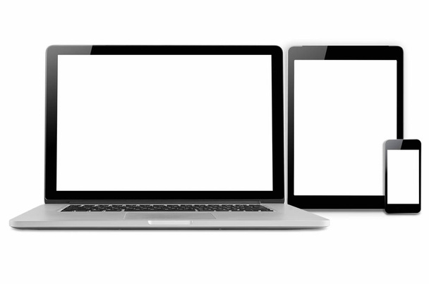 Laptopok, a tabletta és a mobiltelefonok. Makett kép-ból elektronikus szerkentyű elszigetelt fehér background. - Fotó, kép