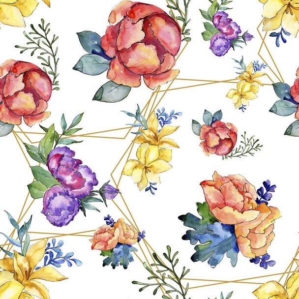 Watercolor colorful bouquet flower. Floral botanical flower. Seamless background pattern. Fabric wallpaper print texture. Aquarelle wildflower for background, texture, wrapper pattern, border. - Foto, Imagen