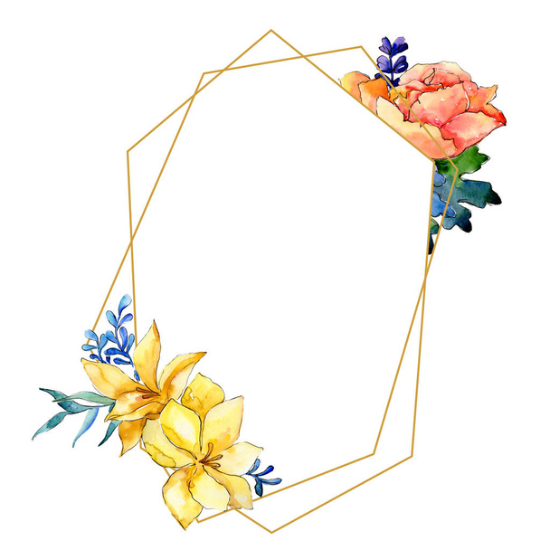 Watercolor colorful bouquet flower. Floral botanical flower. Frame border ornament square. Aquarelle wildflower for background, texture, wrapper pattern, frame or border. - Фото, изображение