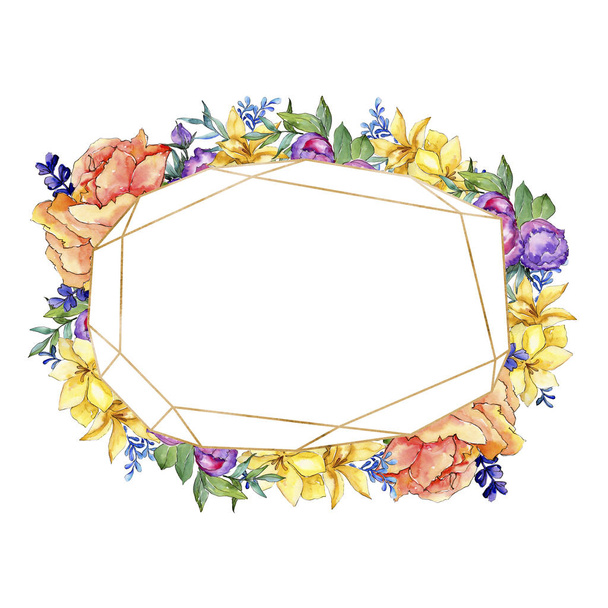 Watercolor colorful bouquet flower. Floral botanical flower. Frame border ornament square. Aquarelle wildflower for background, texture, wrapper pattern, frame or border. - Photo, image