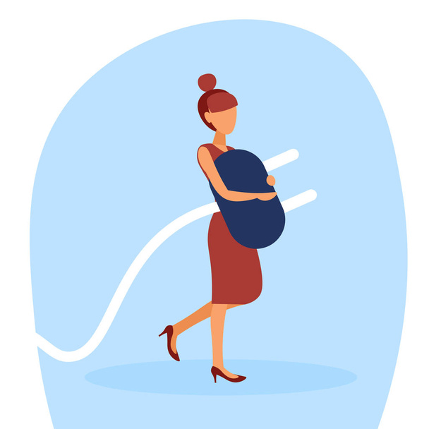 businesswoman holding electric plug preparing startup project woman ready connection concept flat cartoon character full length - Vektör, Görsel
