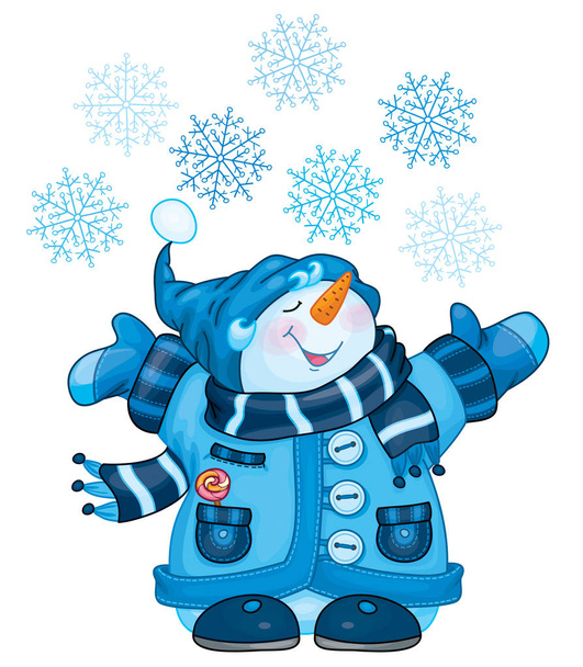 Vector gelukkig sneeuwpop cartoon en sneeuwvlokken, geïsoleerd op wit. - Vector, afbeelding