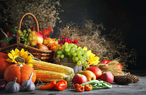 Happy Thanksgiving Day background, wooden table decorated with Pumpkins, Maize, fruits and autumn leaves. Harvest festival. Selective focus. Horizontal. Background with copy space. - Fotoğraf, Görsel