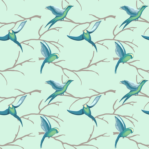 seamless pattern of flying birds on branches of trees in watercolor style - Vektor, kép