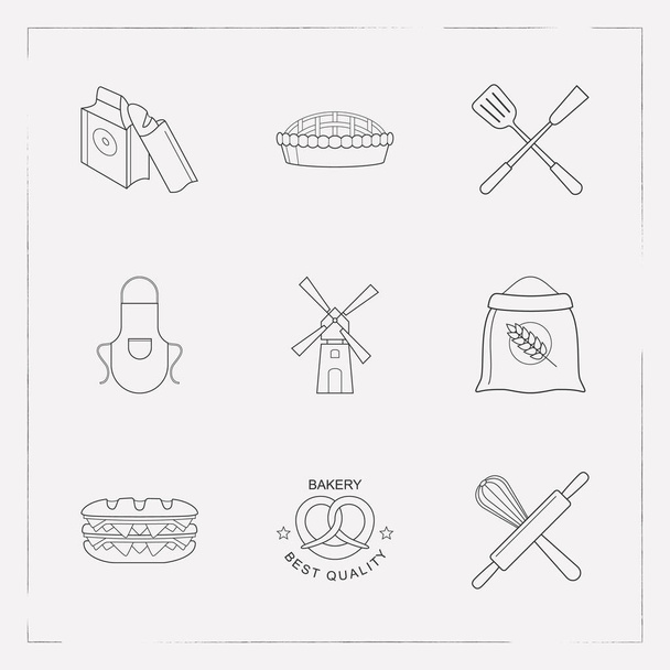 Conjunto de símbolos de estilo de linha de ícones de padaria com ferramentas de padaria, saco de farinha, ícones de sanduíche duplo para o seu design de logotipo de aplicativo móvel da web
. - Vetor, Imagem