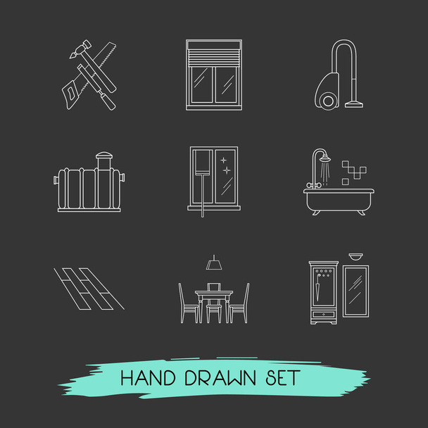 Set of decoration icons line style symbols with flooring, carpenter tool, dining room and other icons for your web mobile app logo design. - Vector, Image