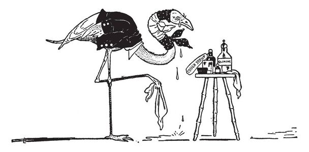 Фламинго, одетый в человеческое платье, стоящее на одной ноге, слезы, падающие с глаз, бутылки с лекарствами, лежащие на столе перед столом, рисунок винтажной линии или гравировка
  - Вектор,изображение