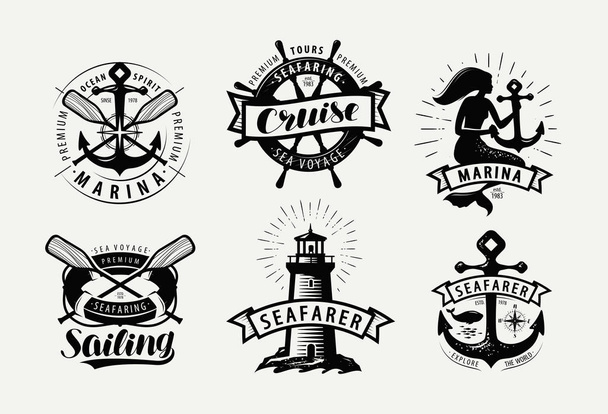 Sailing, cruise logo or label. Marine concept set of emblems. Typographic design - Vector, Imagen