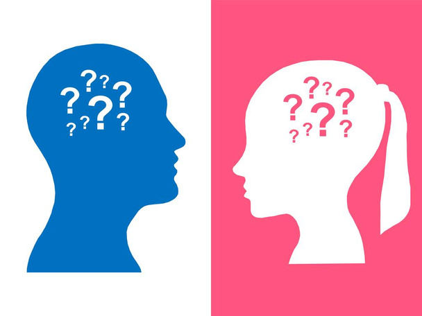 Κεφάλια των δύο ανθρώπων, αφηρημένη εγκεφάλου ερώτηση έννοια, διαδικασία ανθρώπινης σκέψης  - Φωτογραφία, εικόνα