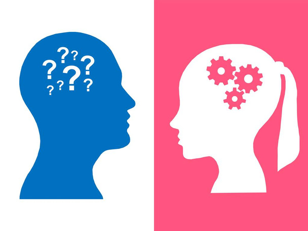 Κεφάλια των δύο ανθρώπων, brainstorming έννοια εργαλείων ερώτηση, διαδικασία ανθρώπινης σκέψης  - Φωτογραφία, εικόνα
