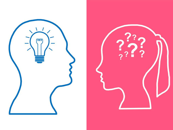 Κεφάλια δύο άτομα, γυναίκας και άνδρα, brainstorming έννοια εργαλείων ερώτηση, διαδικασία ανθρώπινης σκέψης  - Φωτογραφία, εικόνα