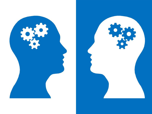 Hlavy dvou lidí s počtem převodů jako symbol práci mozku, zpracování lidského myšlení  - Fotografie, Obrázek