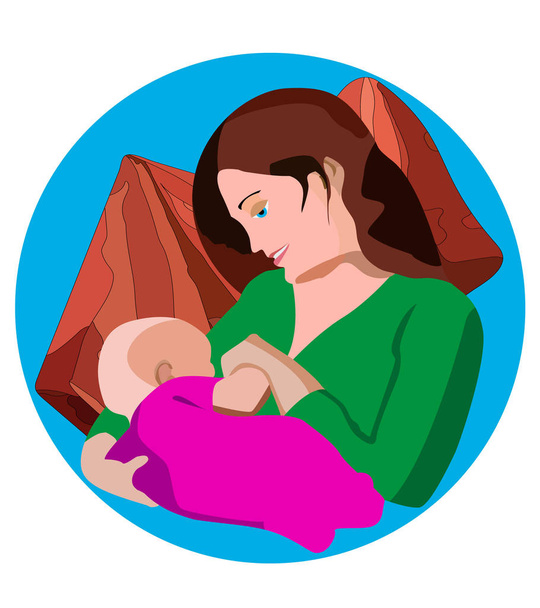 Mom in green blouse with baby on green background - Vector, Image
