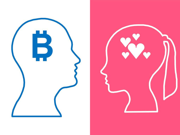 Heads of two people, abstract brain for concept bitcoin love, process human thinking  - Photo, Image