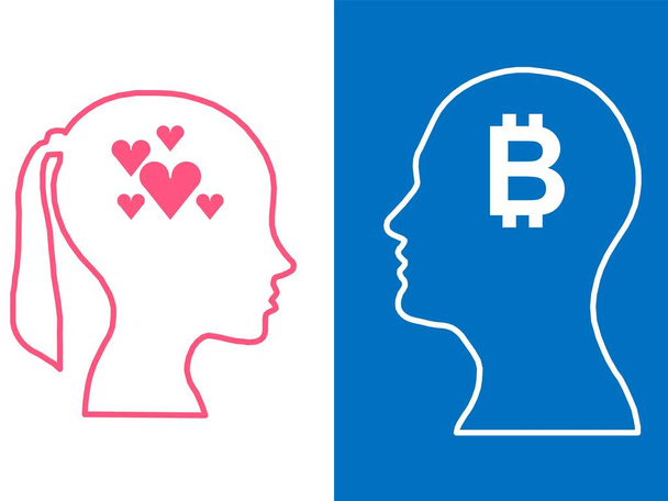 Kahden ihmisen päät, abstraktit aivot bitcoinin käsitteelle rakkaus, ihmisen ajattelun prosessointi
  - Valokuva, kuva