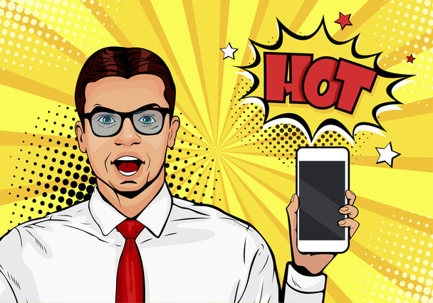 Привлекательный улыбающийся мужчина с телефоном в руке в комическом стиле. Векторная иллюстрация поп-арта в стиле ретро-комикса. Цифровая реклама мужская модель, показывающая сообщение или новое приложение на мобильном телефоне
 - Вектор,изображение