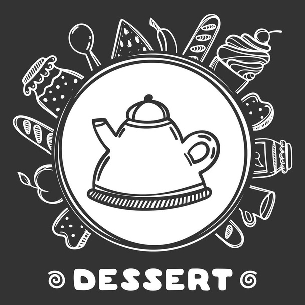 Cartoon teapot with food on black background. Hand drawn illustration. Pastry concept. Dessert time. - Vector, imagen