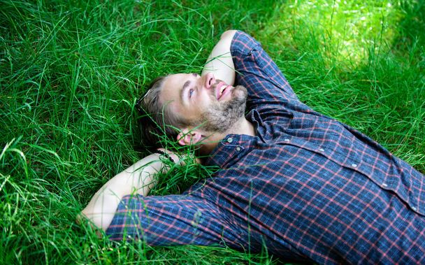 Closer to nature. Nature fills him with freshness and inspiration. Man unshaven guy lay on green grass meadow. Guy happy and peaceful enjoy freshness of grass. Man bearded hipster united with nature - Photo, image