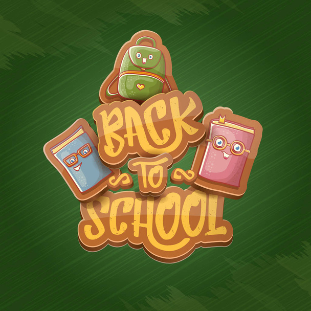 Back to school vector background template with funny cartoon supplies like pencil ,book, bag, eraser and space for text. Vector back to school cartoon label isolated on green chalkboard - Vector, Image
