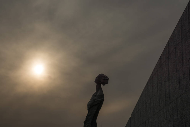 Silhouetten einer Frauenstatue vor dem Hintergrund des Mondes - Foto, Bild