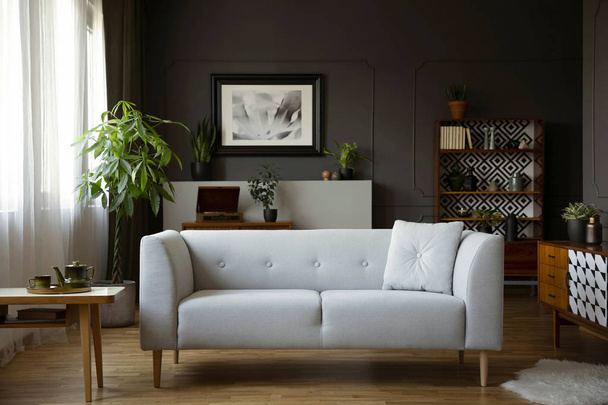 Wooden table next to grey sofa in dark living room interior with poster and plants. Real photo - Foto, Imagem