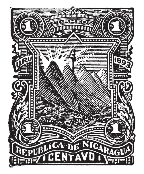 Nicaragua 1 francobollo Centavo nel 1893 in cui un profilo paese che presenta i francobolli e la storia postale del Nicaragua nel contesto storico del Nicaragua, disegno a linee vintage o incisione illustrazione
. - Vettoriali, immagini