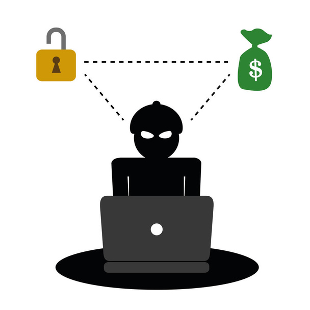 Хакер в маске с ноутбуком думает о деньгах
 - Вектор,изображение