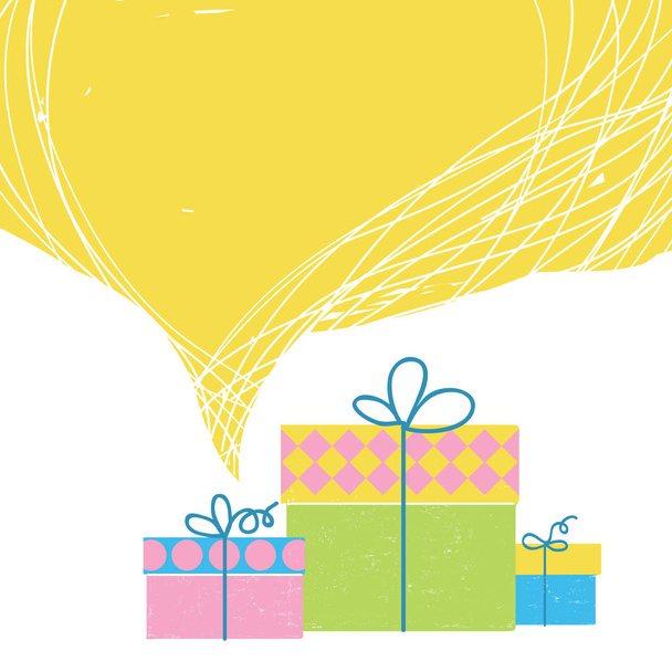 Geschenkboxen mit Bändern und großen gelben Blase Hintergrund für Text isoliert auf weiß - Vektor, Bild