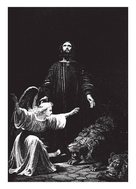 Μια αρχαία εικόνα του Ντάνιελ στέκεται στο den λιονταριών, ενώ ένας άγγελος μπορεί να δει τον προστατεύει από τα λιοντάρια, vintage γραμμή σχεδίασης ή χαρακτική εικονογράφηση. - Διάνυσμα, εικόνα