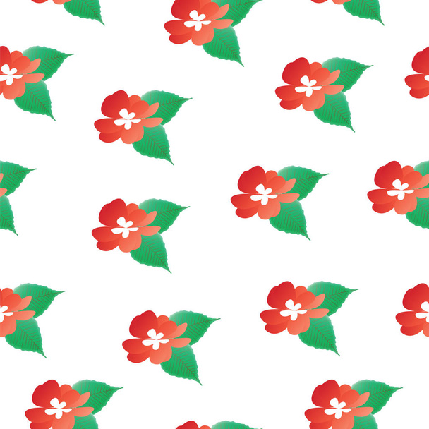 seamless pattern with red flowers and green leaves vector - floral pattern - white background - ベクター画像