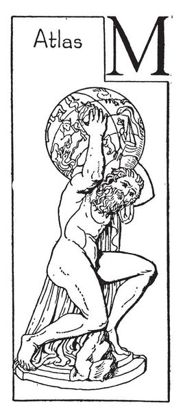 Atlas gazdaság ég a hátán, részeként-ból büntetés által apja Zeusz, vintage vonalas rajz vagy metszet illusztráció szobra. - Vektor, kép