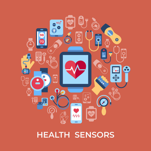 Digitale vector gezondheid sensor iconen set met getekende eenvoudige kunst info lijnafbeelding, vlakke stijl - Vector, afbeelding