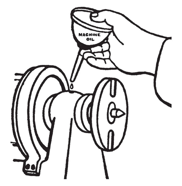 Ta ilustracja przedstawia smarowanie wrzeciona, która jest maszyna, vintage rysowania linii lub Grawerowanie ilustracja. - Wektor, obraz