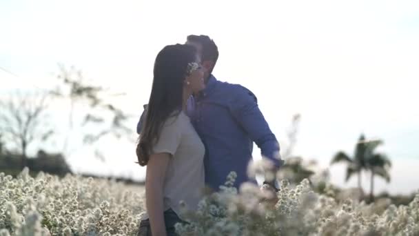 Ρομαντικό ζευγάρι σε μια στιγμή αγάπης σε ένα πεδίο λουλούδια - Holambra, Σάο Πάολο, Βραζιλία - Πλάνα, βίντεο