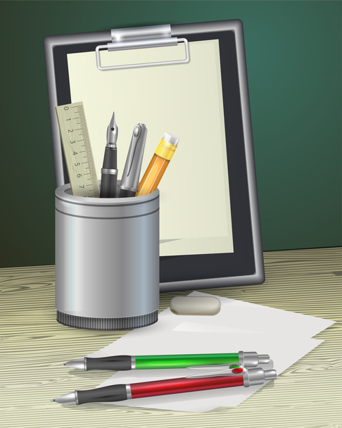 Notepad with pens, ruler and pencil - Vector, Image