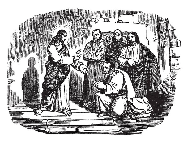 An illustration of Jesus shows his wounds to the disciples. One disciple is bowing, while six others remain behind him, vintage line drawing or engraving illustration. - Vector, Image