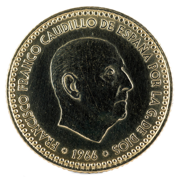 Старая испанская монета в 1 песету, Франсиско Франко. 1966 год, 19: 73 в звёздах. Обратная сторона
. - Фото, изображение